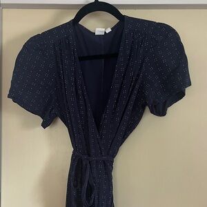 Navy Wrap Dress with Subtle Dot Print
